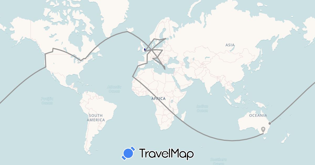 TravelMap itinerary: driving, plane in Austria, Australia, Canada, Germany, Spain, Finland, France, United Kingdom, Greece, Iceland, Italy, Netherlands, Norway, Poland, Portugal, Sweden, Slovenia, United States (Europe, North America, Oceania)